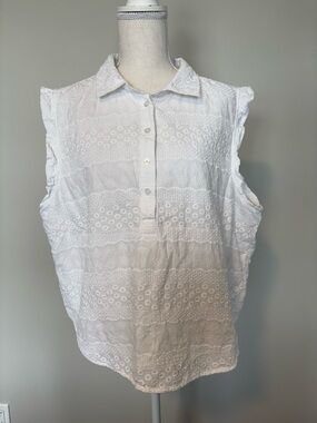 LOFT White Eyelet Sleeveless Ruffle Shoulder Blouse XXL